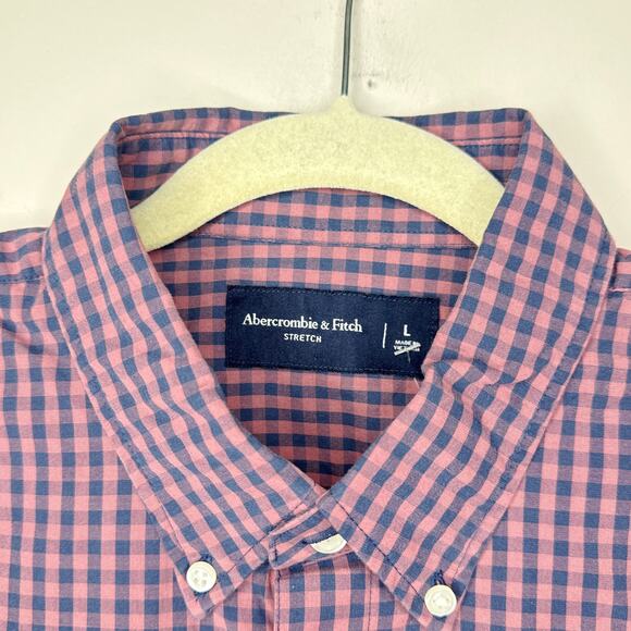 NEW NWT Abercrombie & Fitch Stretch Gingham Pink Blue Button Down Shirt Large - Picture 3 of 9